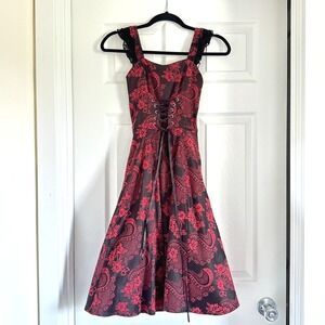 Orchid Bloom Red Blck Paisley Floral Lace Trim Corset Fit and Flare Dress Size 4